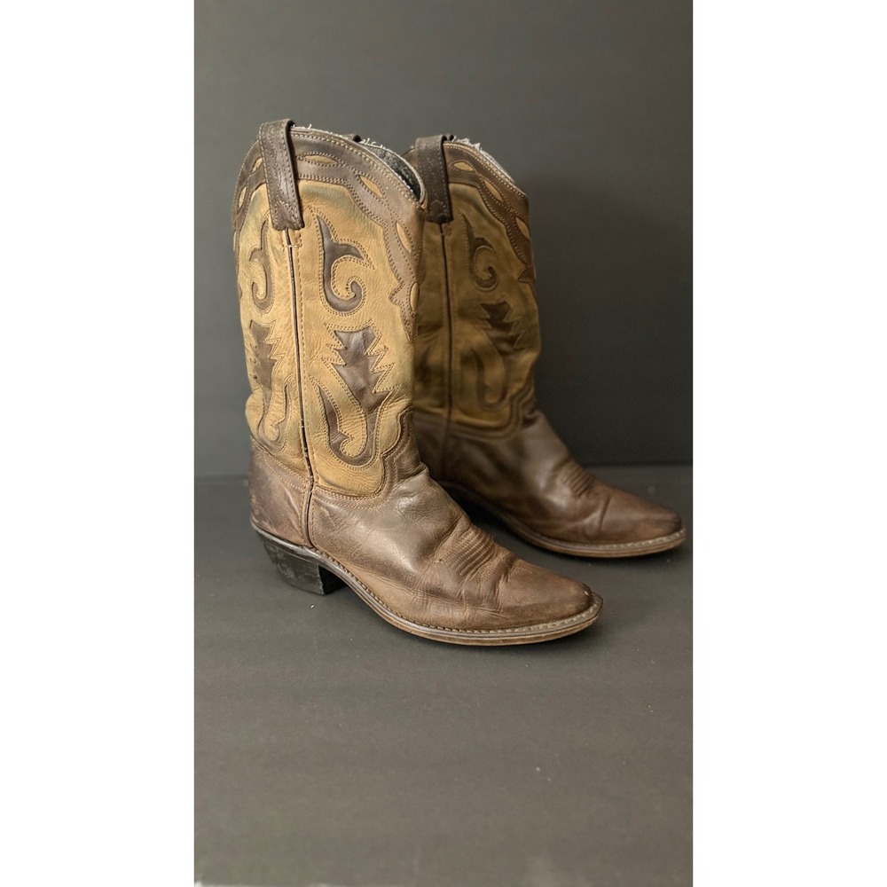 Vintage Leather Cowboy Boots Size 8.5 Western Brown Tan Details EUC